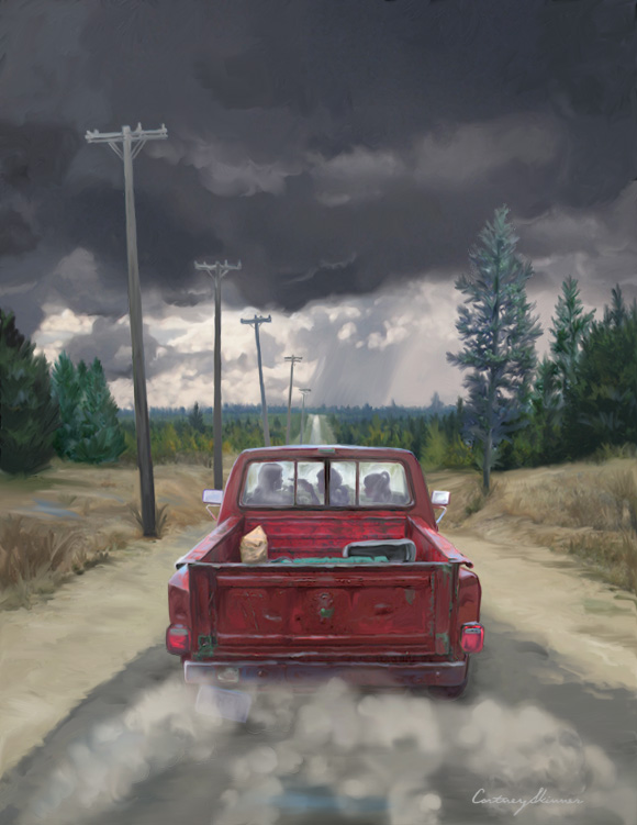 The cover painting for Elizabeth Massie's novel, Wire Mesh Mothers. If you look closely, you can see that there's some drama going on in the cab of the pickup.